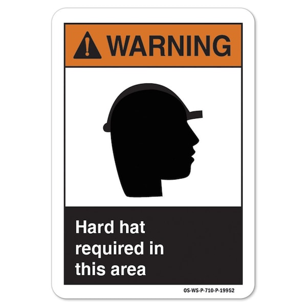 ANSI Warning Sign, Hard Hat Required In This Area, 10in X 7in Aluminum, 7" H, 10" W, Landscape